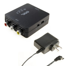 Black composite AV to HDMI converter with RCA jacks, power adapter and HDMI cable