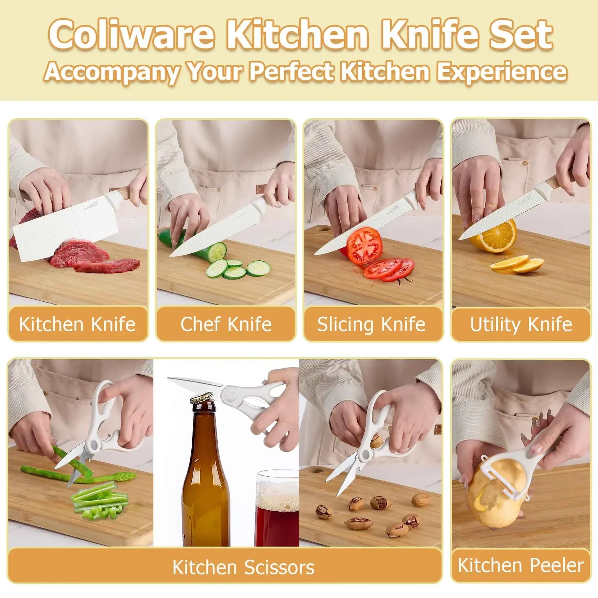 Joyfair Kitchen Knife Set, 7 Pcs Stainless Steel White Knives Block Set for Chef, Super Sharp Professional Knife Set with Universal Knife Block for Home Restaurant, Non-Stick & Anti-Rust - USA MEGA SHOP