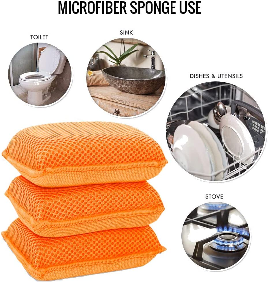 Miracle Microfiber Kitchen Sponge by Scrub-It - Non-Scratch Heavy Duty Dishwashing Cleaning sponges- Machine Washable- (Orange)