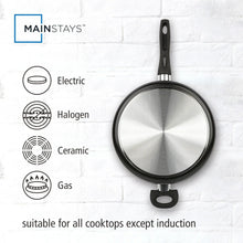 Black non-stick pan with riveted handle and heating compatibility icons for stovetops