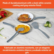 Gray ceramic fry pan set with two pans and spatulas, white interiors
