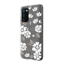 Phone case with black background and white floral daisy pattern, camera cutout