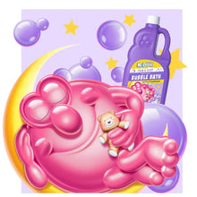 Purple bubble bath bottle with bubble-themed splash graphic