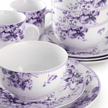 Porcelain cup and bowls with white glaze and purple rose floral pattern, stacked