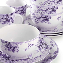 Elama Traditional Purple Rose 24 Piece Porcelain Double Bowl Dinnerware Set