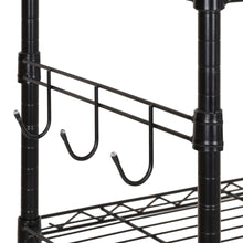Black wire cart frame with three hanging hooks and two shelf sections
