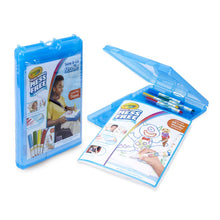 Blue Stow & Go coloring kit with open case, coloring pages, and markers