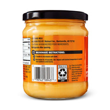 Back label of cheddar cheese dip jar with black lid and orange-yellow dip