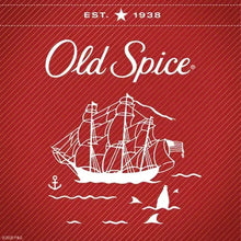Body wash label graphic with Old Spice ship logo on a red background
