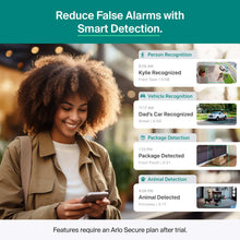 Security camera false-alarm reduction detection notification screen with person, vehicle, package
