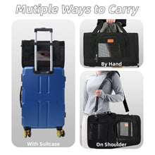 Black pet carrier with top handle and front mesh window for hand or shoulder carry