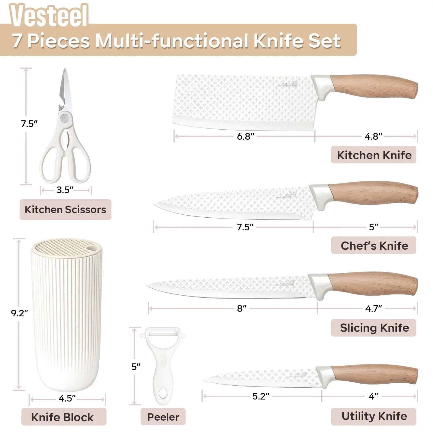 Vesteel Kitchen Knife Set of 7, Professional Stainless Steel Knives Set for Kitchen with Universal Knife Block - Khaki - USA MEGA SHOP