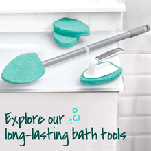 Extendable tub and tile scrubber handle with two green non-scratch sponge pads