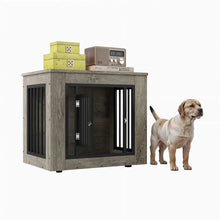 Indoor dog crate furniture with gray wood-look cabinet, black door bars, and standing dog
