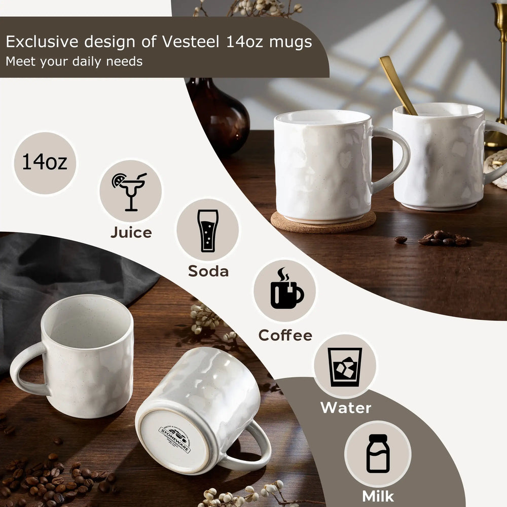 Vesteel Coffee Mug Set of 4, Ceramic Coffee Cups with Handles, 14oz Stoneware Mugs Set for Coffee Tea Milk, Wave Design Mug Gifts for Home Office Restaurant