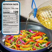 Vegetable oil bottle with nutrition facts panel beside a skillet of colorful vegetables.