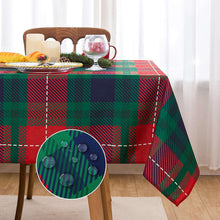 Rectangle plaid tablecloth in green, red, and navy with stitched border corners