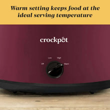 Maroon slow cooker base with black temperature dial and low/high/warm/off control markings