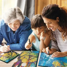 Diamond painting kit use with multiple canvases; family members placing diamonds