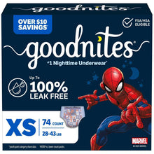 Goodnites XS nighttime underwear package, 74 count, showing Spider-Man character design
