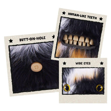 Calico cat plush face with wide eyes and human-like jagged teeth detail