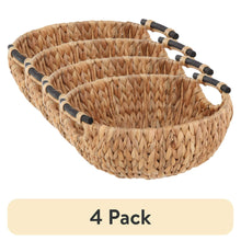 4 pack woven water hyacinth decorative bowls with braided rims and wooden-look handles