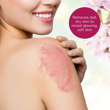 Cherry blossom exfoliating sugar scrub on skin, showing pink exfoliating residue