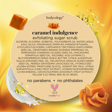 Caramel indulgence exfoliating sugar scrub ingredient label panel