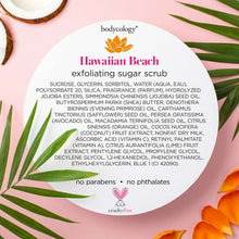 Hawaiian Beach exfoliating sugar scrub ingredient label disc with cruelty-free icon