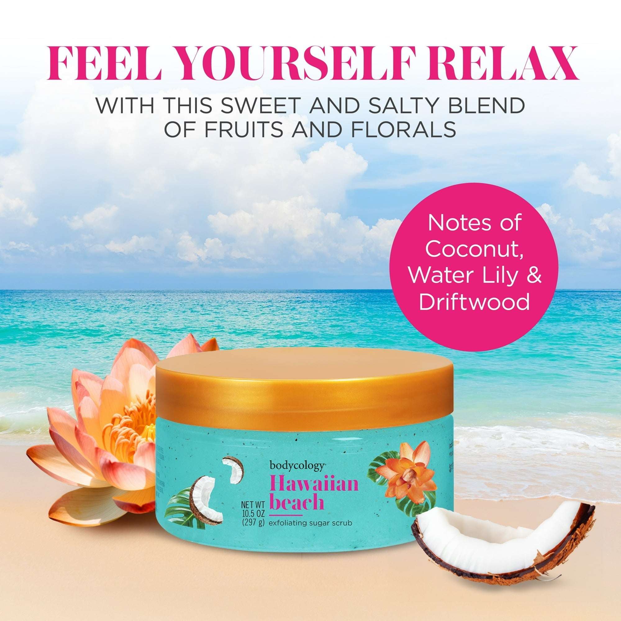 (4 pack) Bodycology Hawaiian Beach Exfoliating Sugar Scrub, 10 fl oz