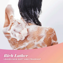 Body wash foam and lather on skin during cleansing, rich suds coverage