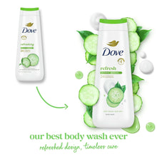 Dove refresh body wash bottle with cucumber pieces and foam droplets