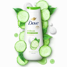 Dove refresh 4-pack body wash bottles with cucumber slices and foam droplets