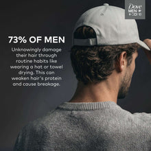 Man wearing cap with Dove Men+Care 73% of men promotional text