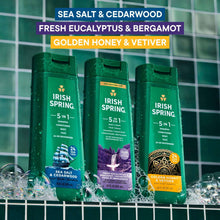Irish Spring 5-in-1 body wash bottles lineup for sea salt, cedarwood, honey