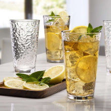 Set of textured crackle glass tumblers, clear hammered pattern, straight-sided
