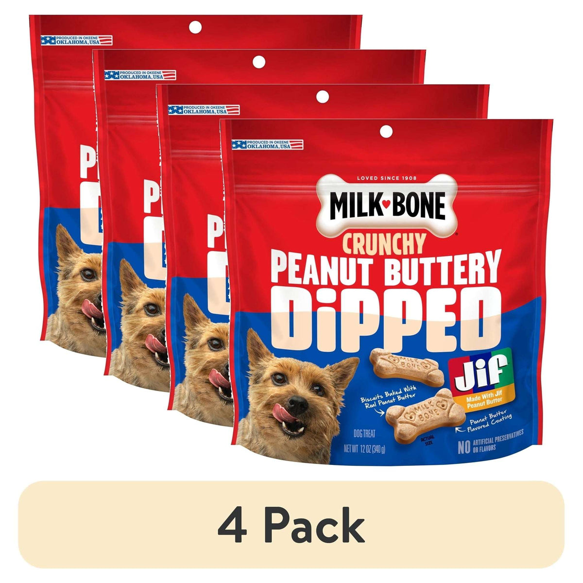 (4 pack) Milk Bone Peanut Buttery Dipped Dog Biscuits with Jif Peanut Butter, 12 oz Bag