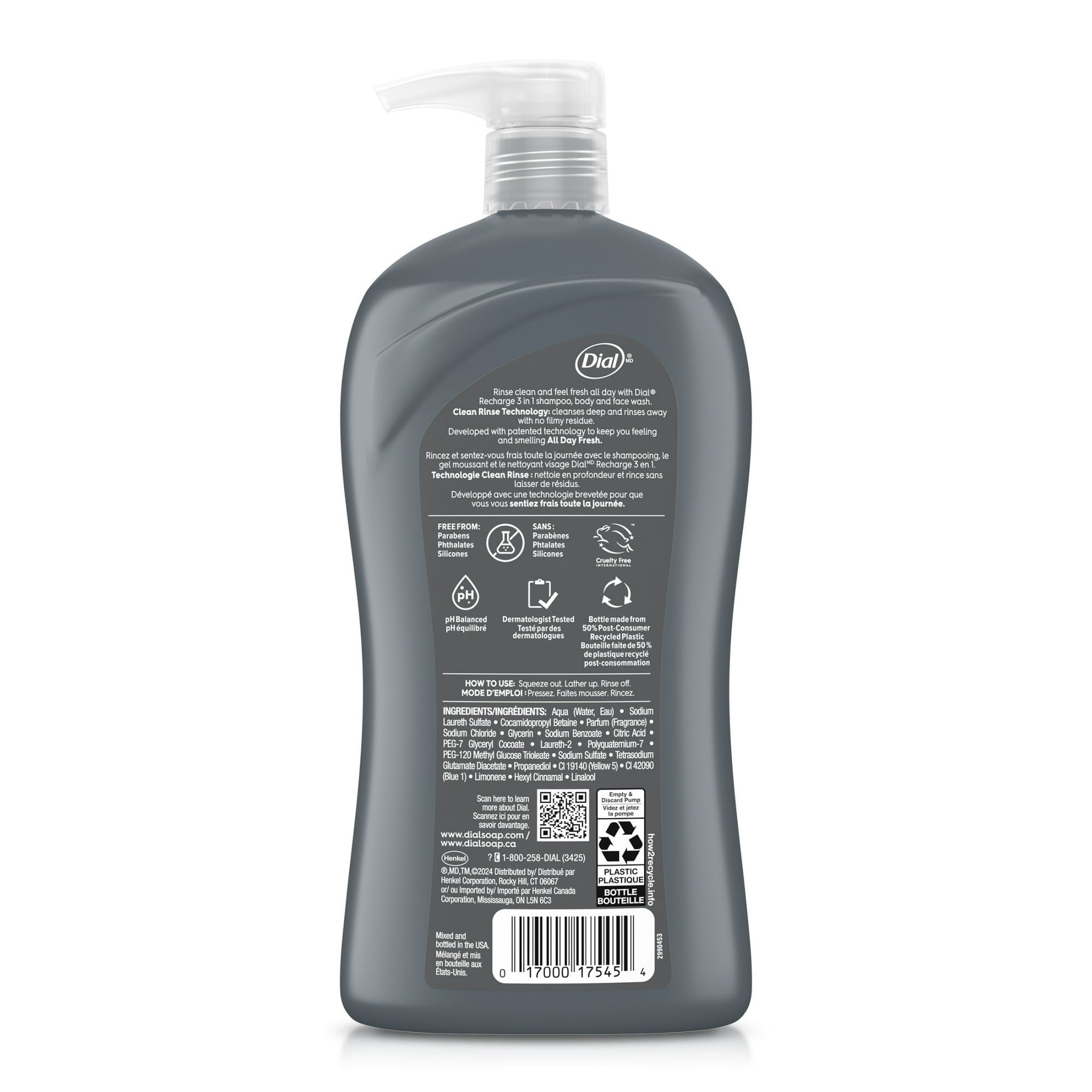 (4 pack) Dial Recharge 3-in-1 Men's Body Wash for Body, Hair, & Face, Cedar Leaf Scent, 32 fl oz
