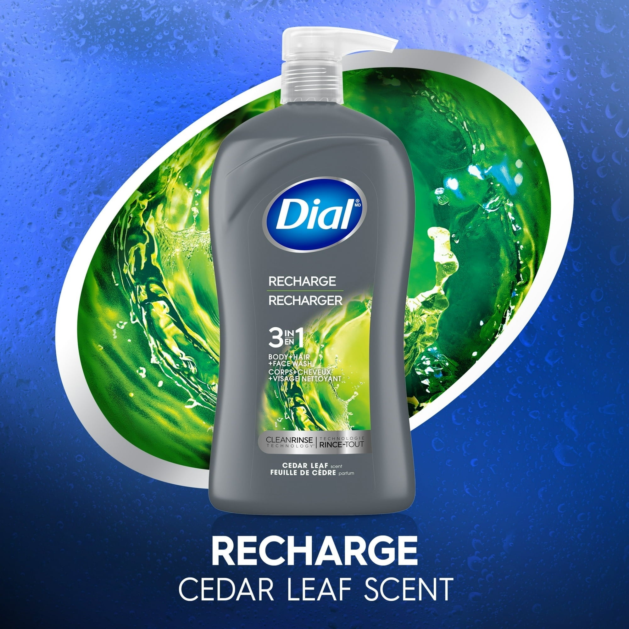 (4 pack) Dial Recharge 3-in-1 Men's Body Wash for Body, Hair, & Face, Cedar Leaf Scent, 32 fl oz