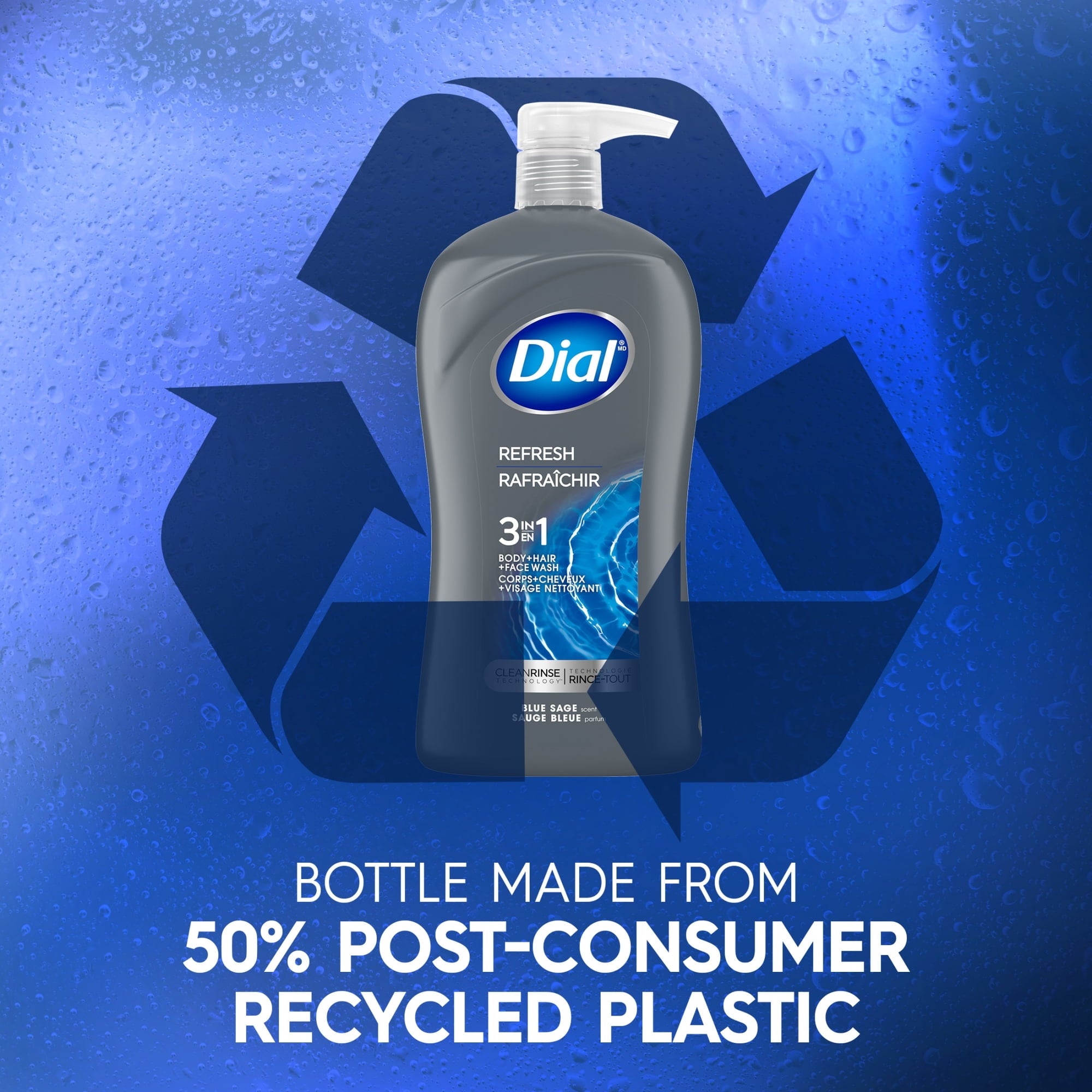 (4 pack) Dial Refresh 3-in-1 Men's Body Wash for Body, Hair & Face, Blue Sage Scent, 32 fl oz