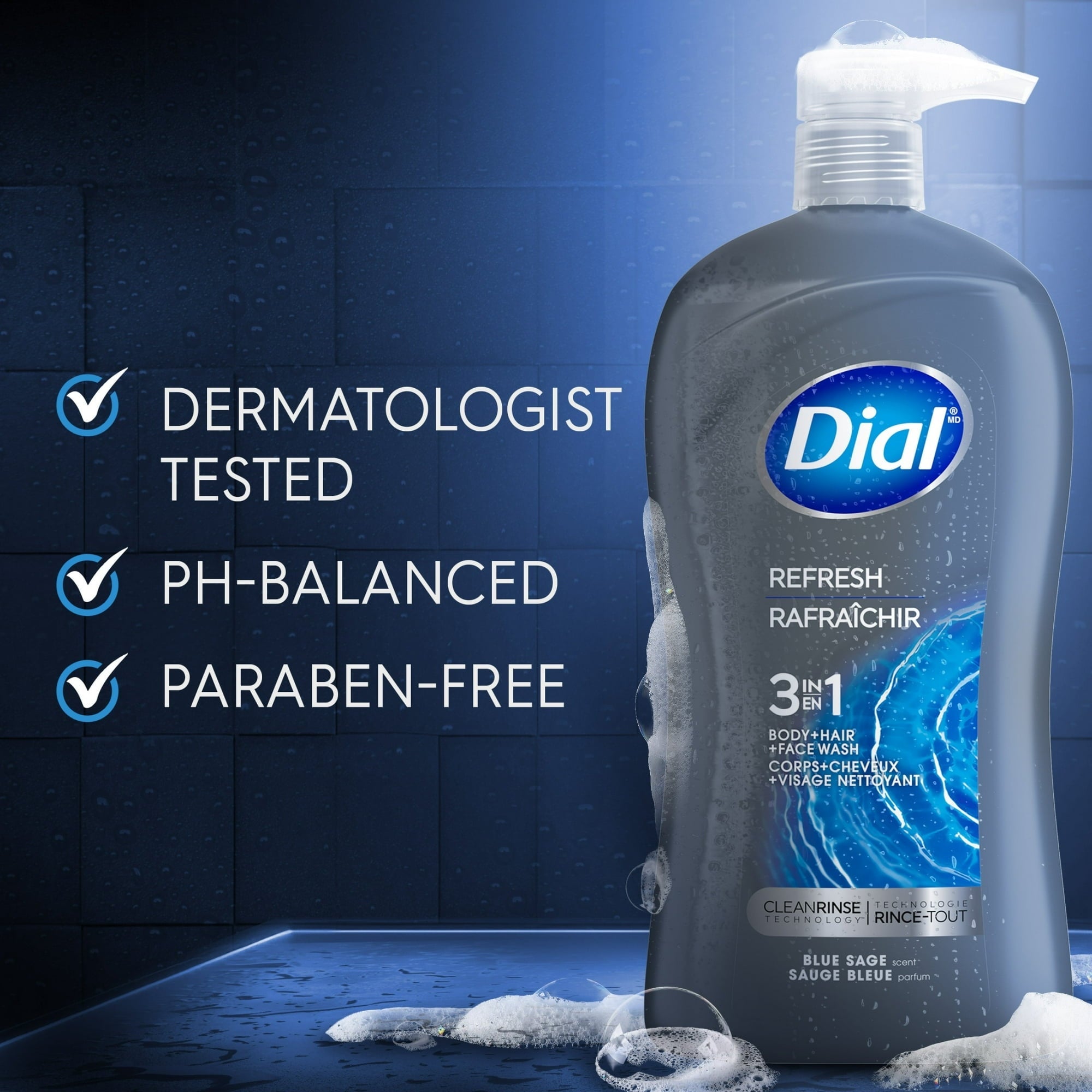 (4 pack) Dial Refresh 3-in-1 Men's Body Wash for Body, Hair & Face, Blue Sage Scent, 32 fl oz