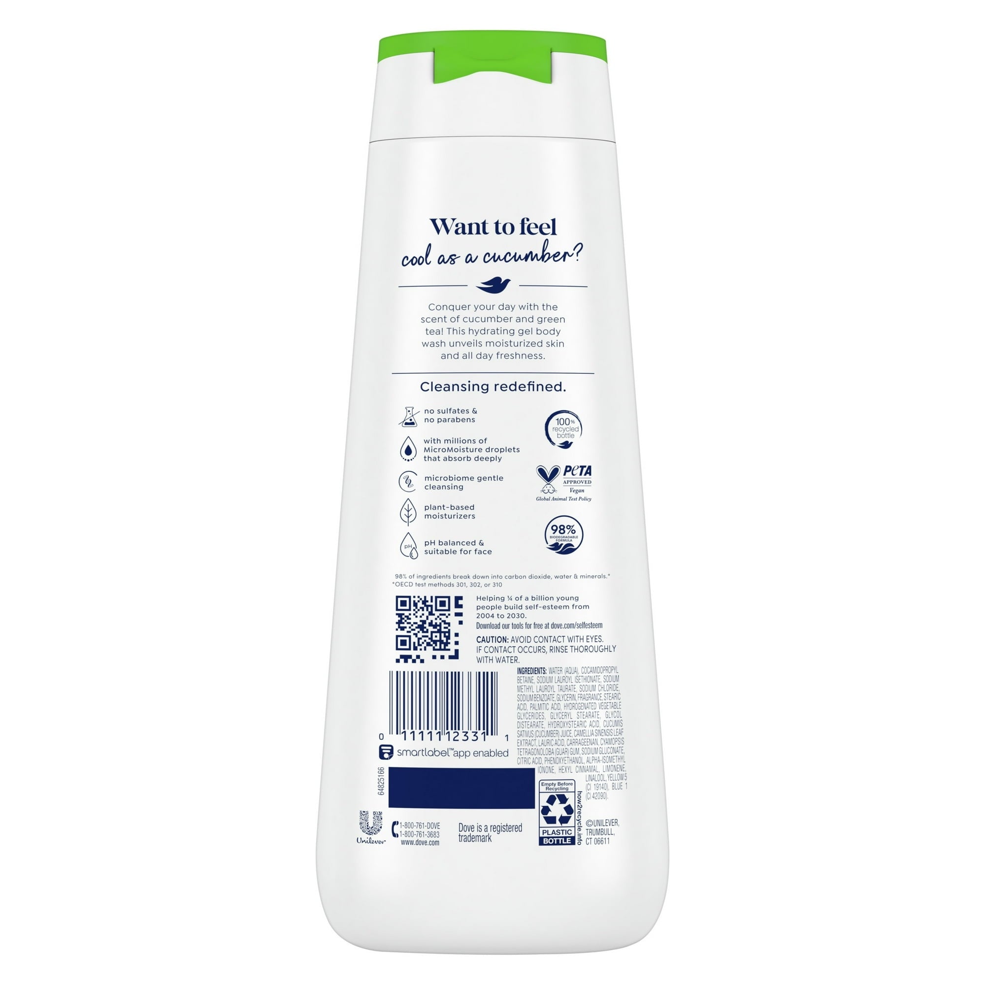 (4 pack) Dove Body Wash for Women Moisturizing Refresh Cucumber & Green Tea Cleanser All Skin, 20 oz