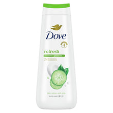 Body wash bottle with green cap and Dove refresh cucumber & green tea label.