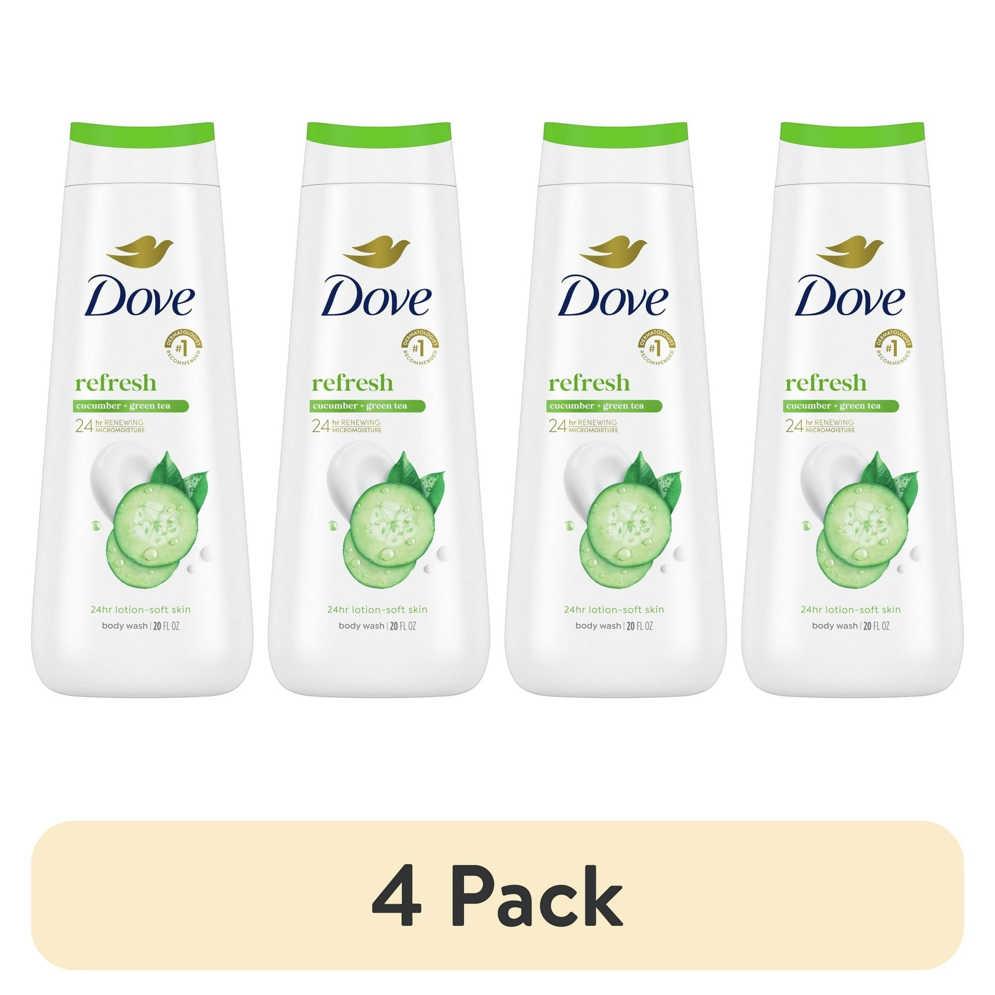 (4 pack) Dove Body Wash for Women Moisturizing Refresh Cucumber & Green Tea Cleanser All Skin, 20 oz