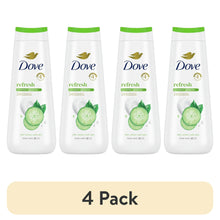 Body wash multipack with four white bottles, green caps, and refresh Dove label.