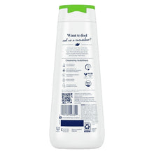 Body wash bottle back with green cap and cleansing information panel