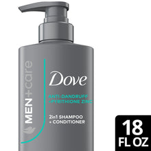 Dove Men+Care 2-in-1 shampoo and conditioner bottle front label, 18 fl oz