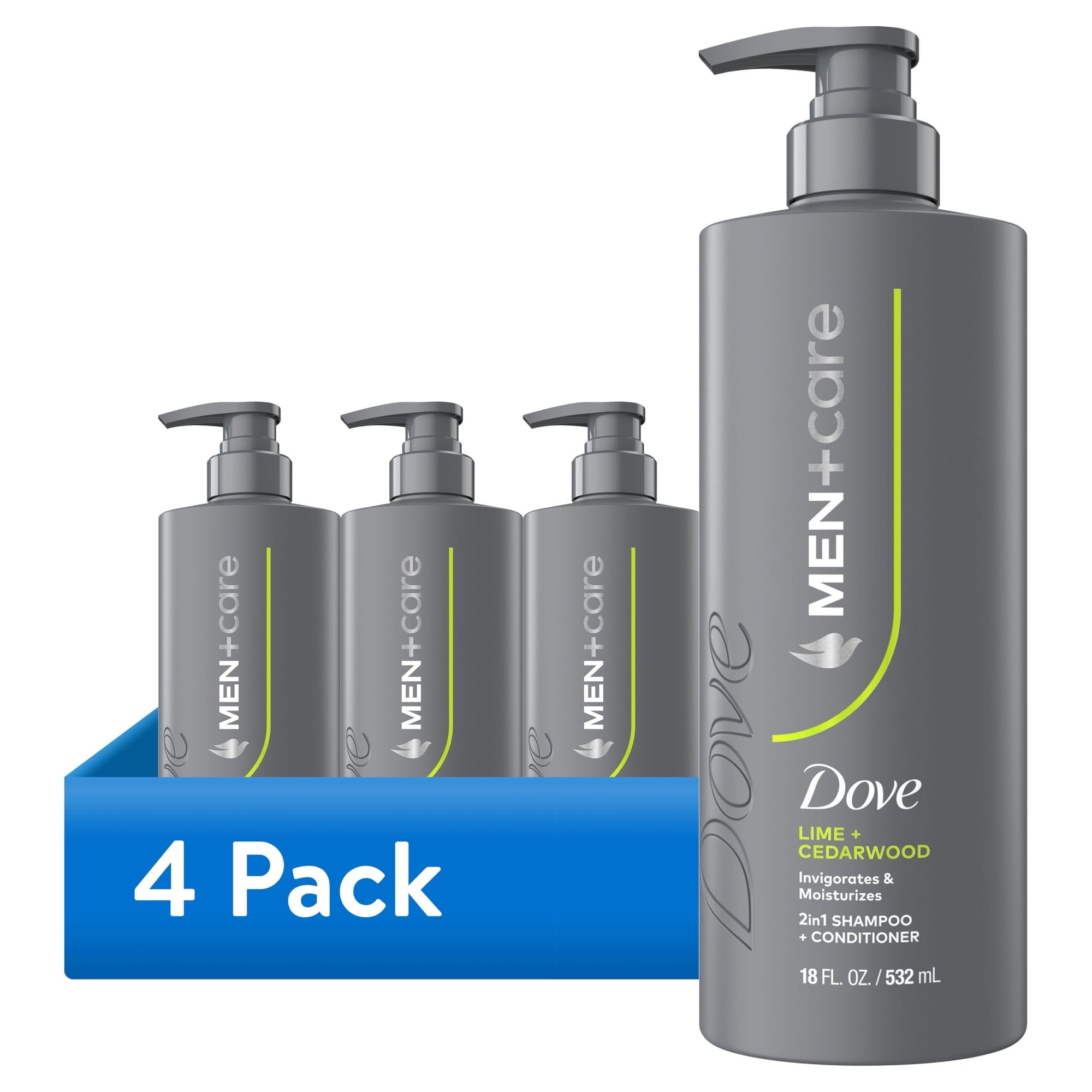 (4 pack) Dove Men+Care 2-in-1 Shampoo for Real Hair that Powers Up Hair Strength Lime & Cedar with Invigorating & Moisturizing Results, 18 fl oz 1 Count