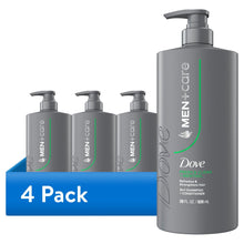 4-pack Dove Men+Care shampoo bottles with pump, gray with green accents, Fresh Clean scent.