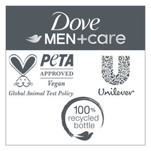 Dove Men+Care label panel: PETA approved, vegan, Global Animal Test Policy, Unilever, 100% recycled bottle.